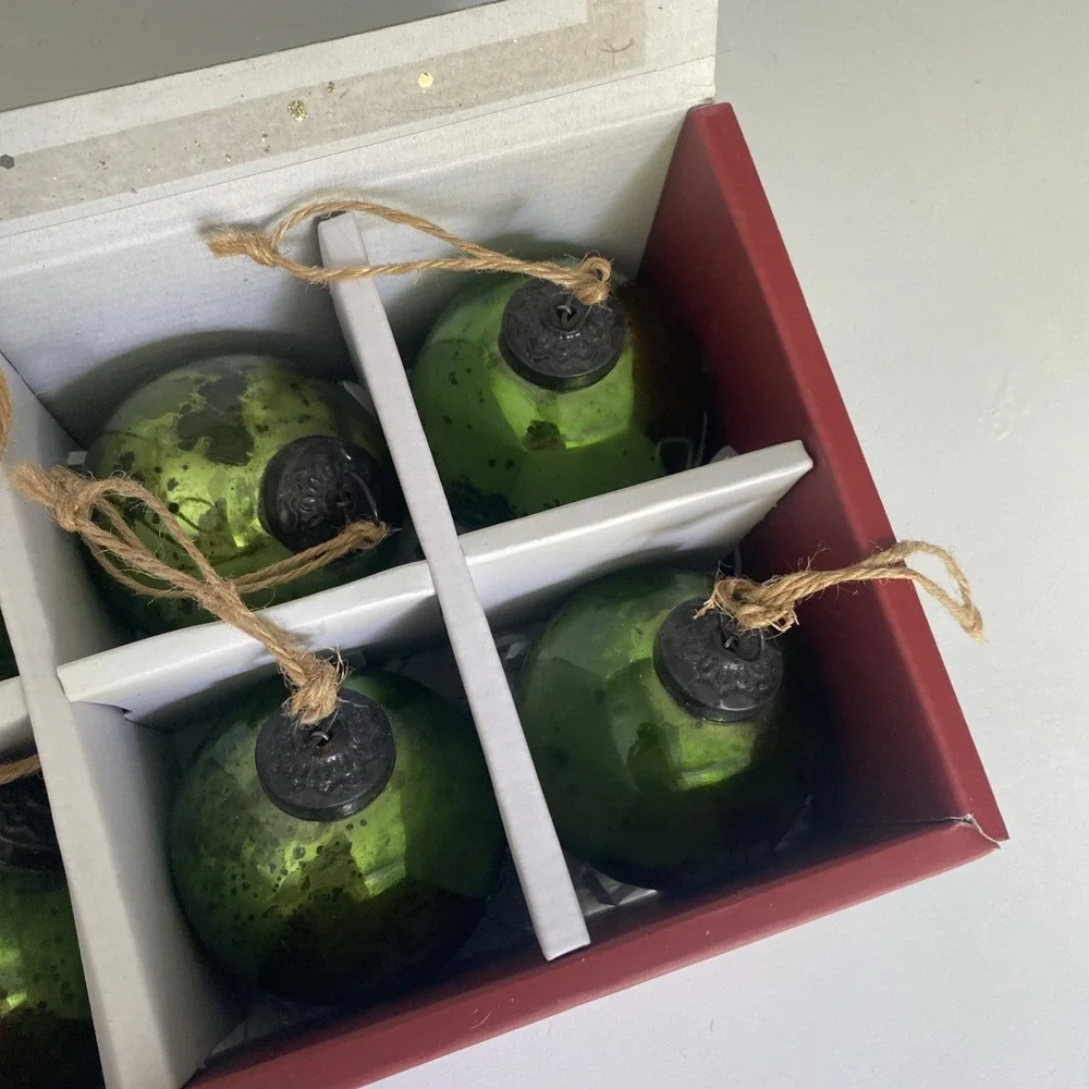 Pottery Barn Mercury Glass Ball Ornaments Set of 6 Green w/ Box